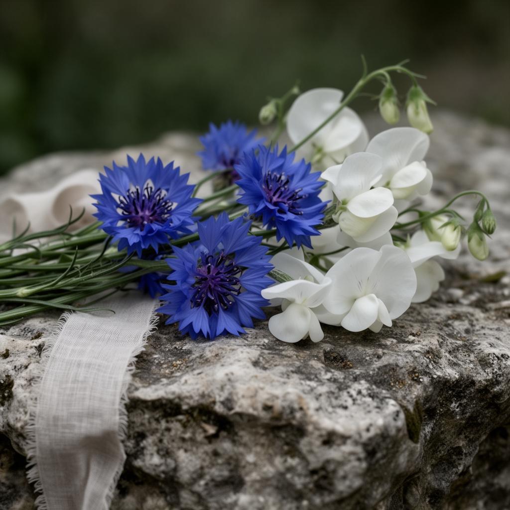 Wild cornflowers and sweet peas on limestone